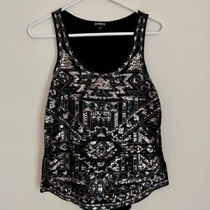 Express Silver and Black Sparkle Sequence Designed Tank Top Size Small